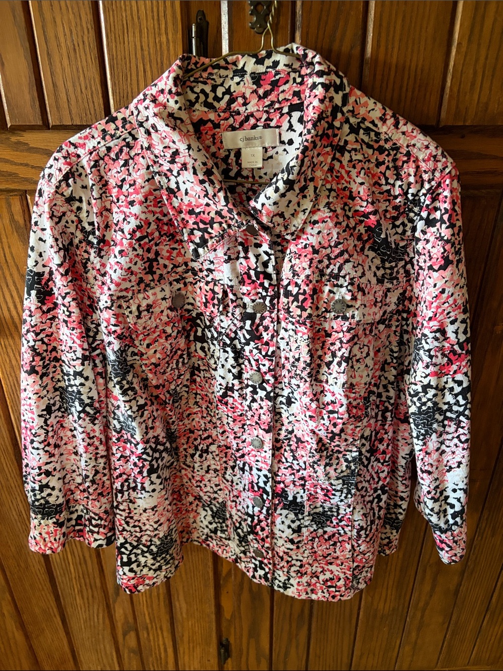 CJ Banks Pink Black White Abstract Print Jacket size 1X